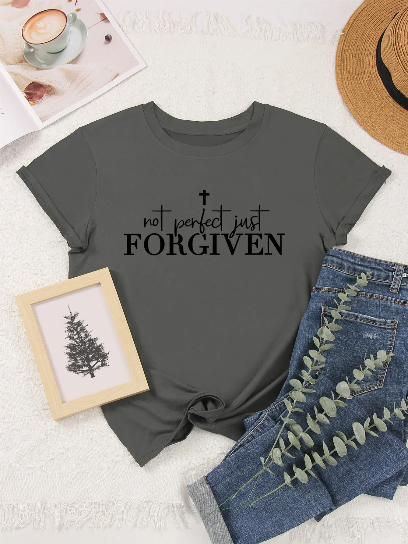 Forgiven Print Faith T Shirt, Short Sleeve Crew Neck Casual Top for Summer & Spring, Aesthetic Graphic Tee Women's Clothing