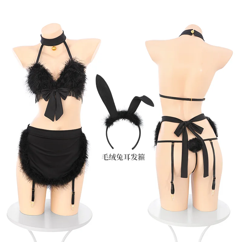 

Sexy Erotic Lingerie Hot Three-point Feather Maid Bunny Girl Temptation Apron Tail 4pcs Set Underwear Costume Erotic Role Play