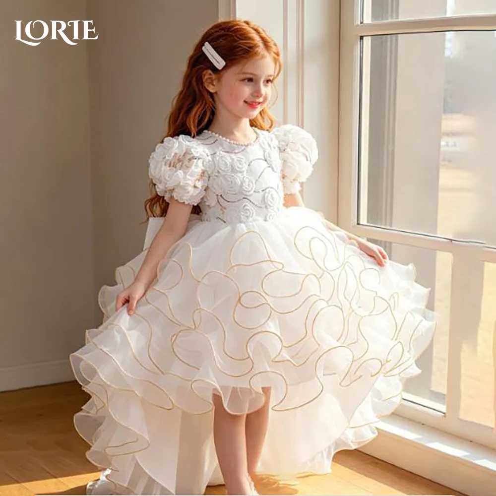 

LORIE 3D Flower Puff Slevee Girl Party Dress High Collar A-Line Lace Flower Girls Dress Bow Mini birthday Girls dress Customized