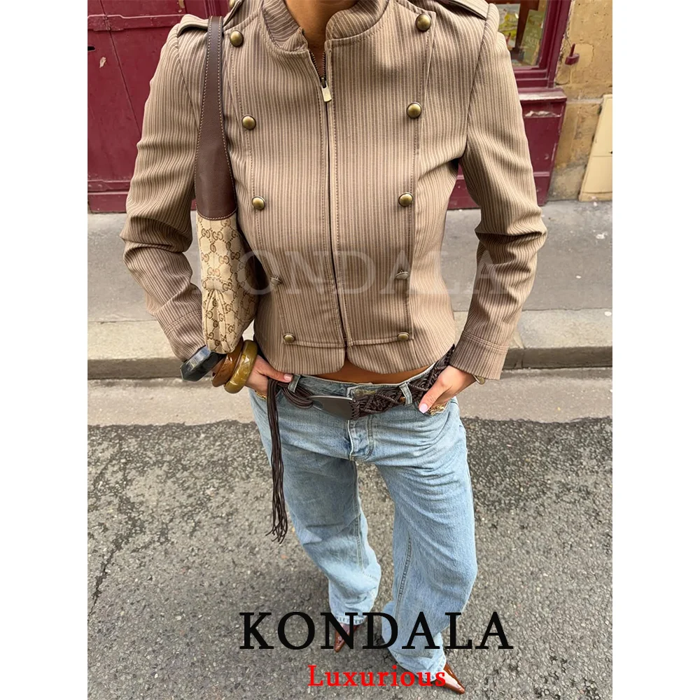 KONDALA High Street Casual Chic Women Blazer Striped Double Breasted Slim Blazer Fashion 2026 Spring Office Holiday Blazer