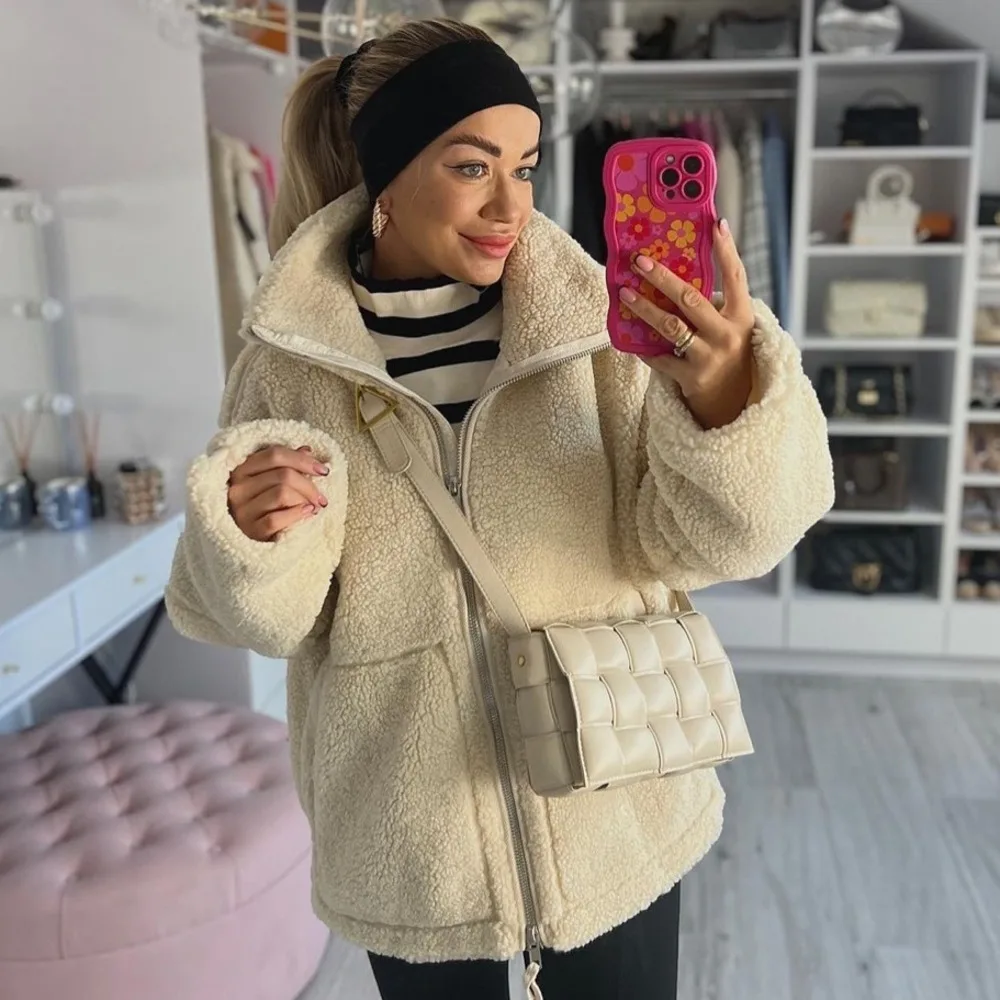 

Women's Winter Coat 2024 Style Autumn And Winter New Women's Clothing Solid Color Lazy Style Lamb Wool High Neck Woolen Coat