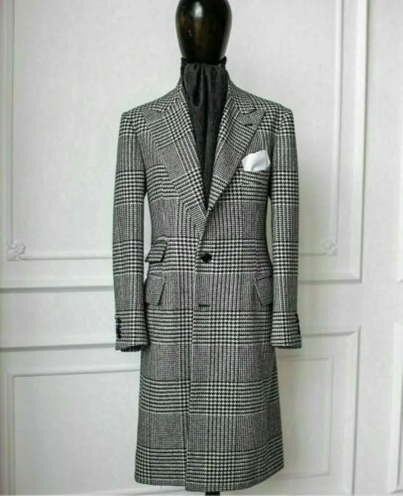 Houndstooth Men Suit Wool Overcoat Designer Winter Thick Long Jacket Outfit Blazer Party Prom Black Formal Tuxedo Custom Made