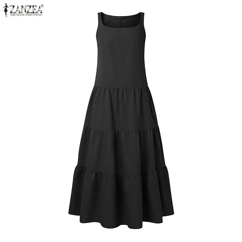 

Летнее платье ZANZEA 2026: модное женское платье без рукавов для отпуска, элегантное однотонное платье А-силуэта, рабочее платье, сарафан с оборками