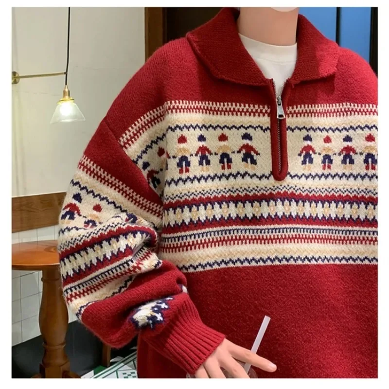 New Year Red Retro Jacquard Lapel Christmas Sweater Men and Women Autumn All-match Zipper Pullover Mens Sweater Jacket