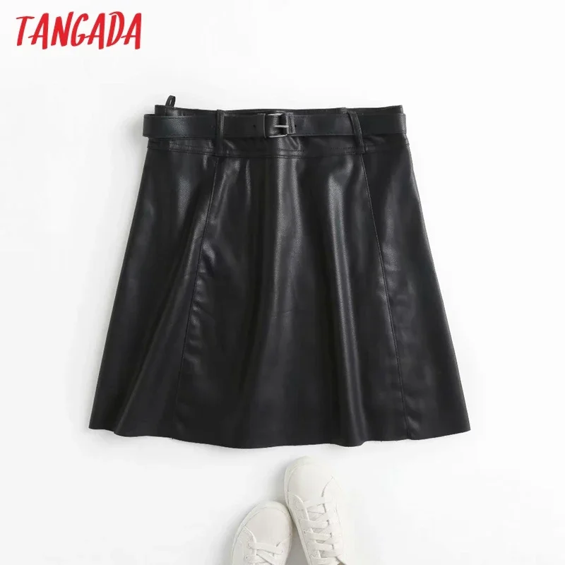 Tangada 2022 women black faux leather skirts with belt decorate zipper female mini skirt 4C75