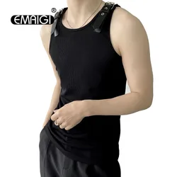 Summer Men Leather Buckle Slim Fit Sleeveless Tees Undershirt Tank Tops Vest Tshirt Male Japan Korean Streetwear Fashion T-shirt