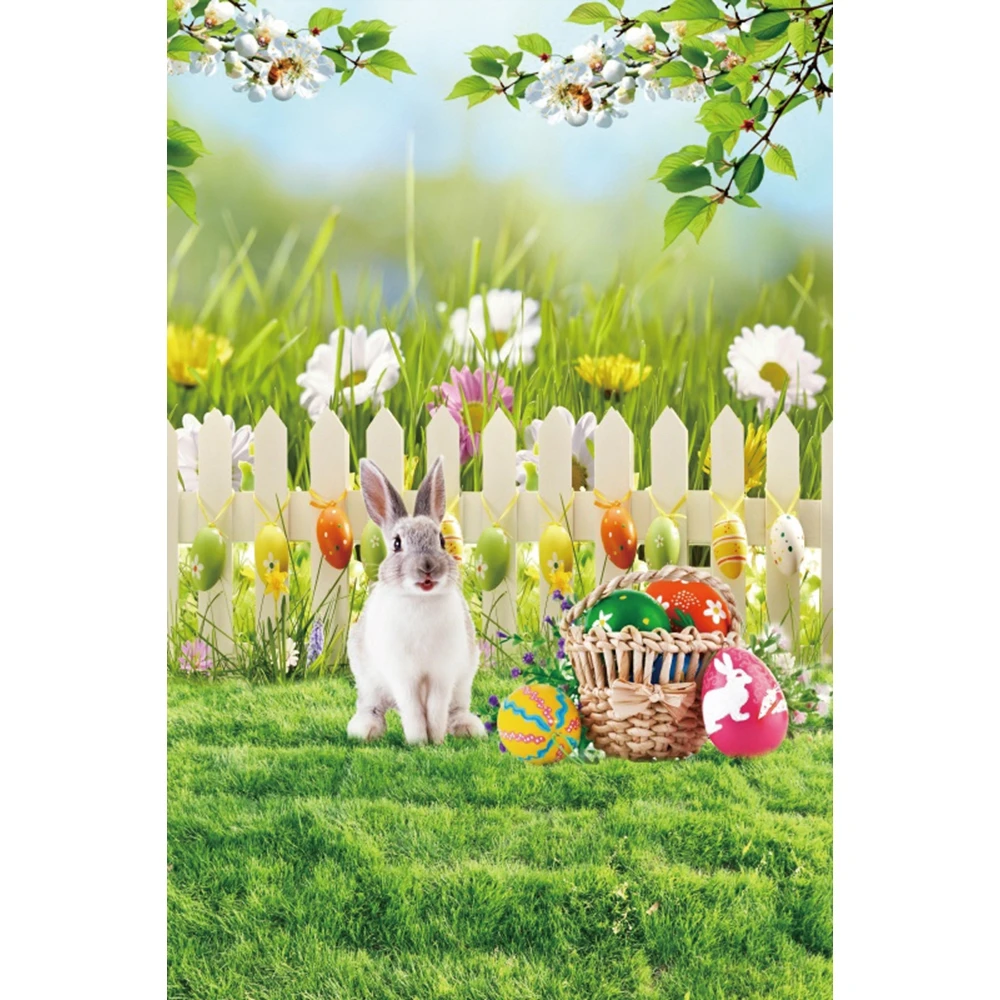 Spring Scenery Easter Backdrop Colorful Eggs Green Grass Rabbit Wood Floor Bunny Flower Baby Birthday Photography Background