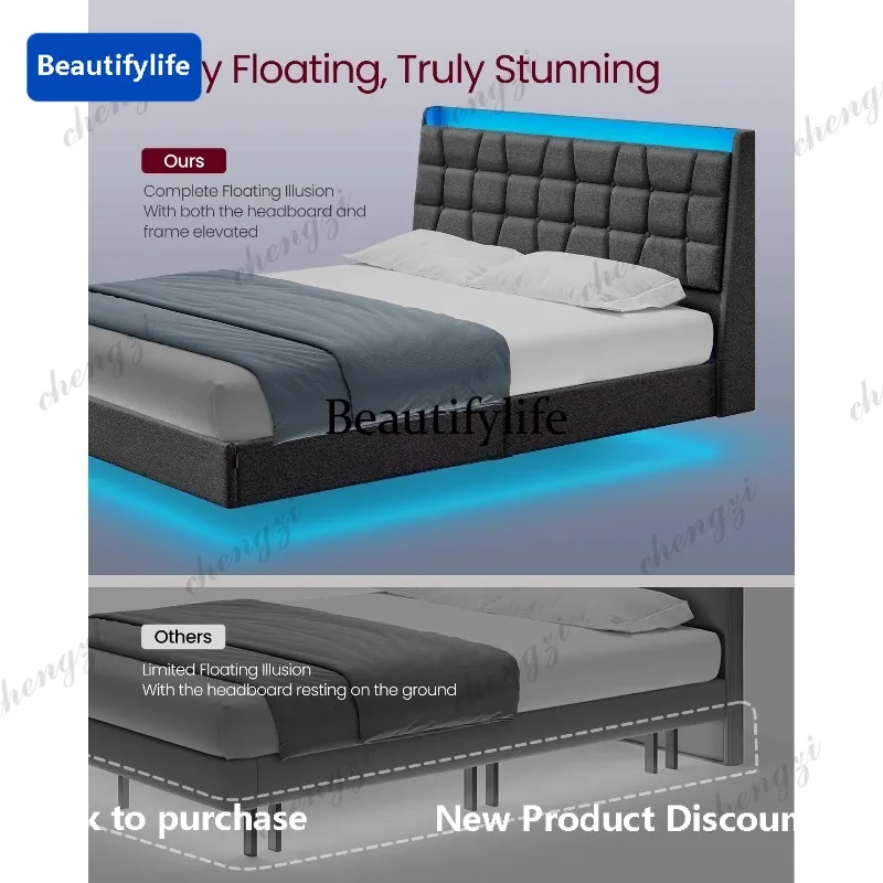 C45 VASAGLE Full Bed Frame with Charging Station Tufted Storage Headboard Full Size Floating Bed Frame with LED Lights