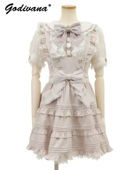 Novo japonês doce bonito bowknot camada cinta bolo vestido menina feminina cor sólida lolita acima do joelho vestidos suspender