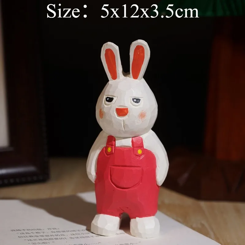 Handmade Wood Carved Rabbit In Overalls Figurine Cute Cartoon Office Computer Decor Desk Wooden Animal Ornament Home Craft Gift