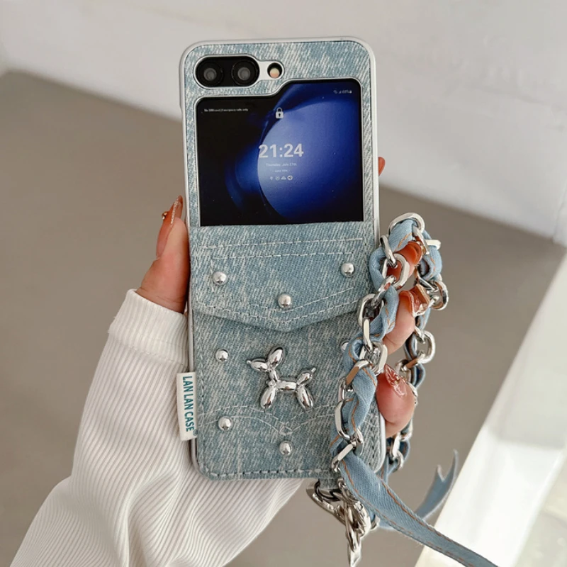 

Card Solt Bag Denim Fabric Wallet Wrist Strap Case For Samsung Galaxy Z Flip 6 5 4 3 Dachshund Knot Shoulder Chain Lanyard Cover