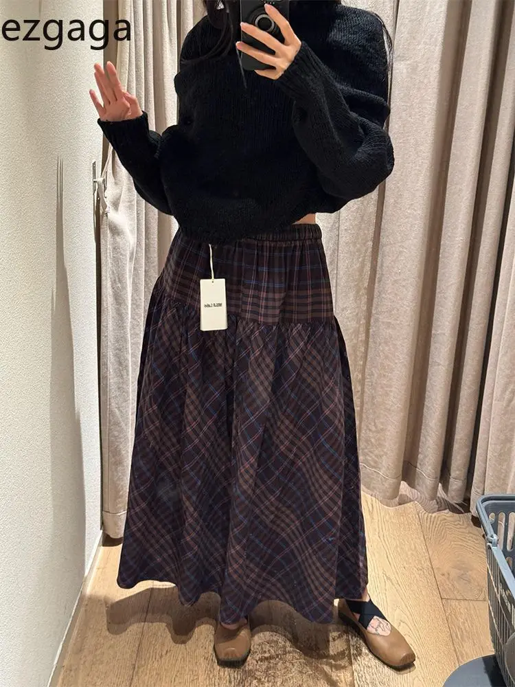 

Ezgaga юбки женские клетчатые с высокой талией весна осень модные винтажные милые элегантные шикарные длинные юбки во французском стиле женские повседневные