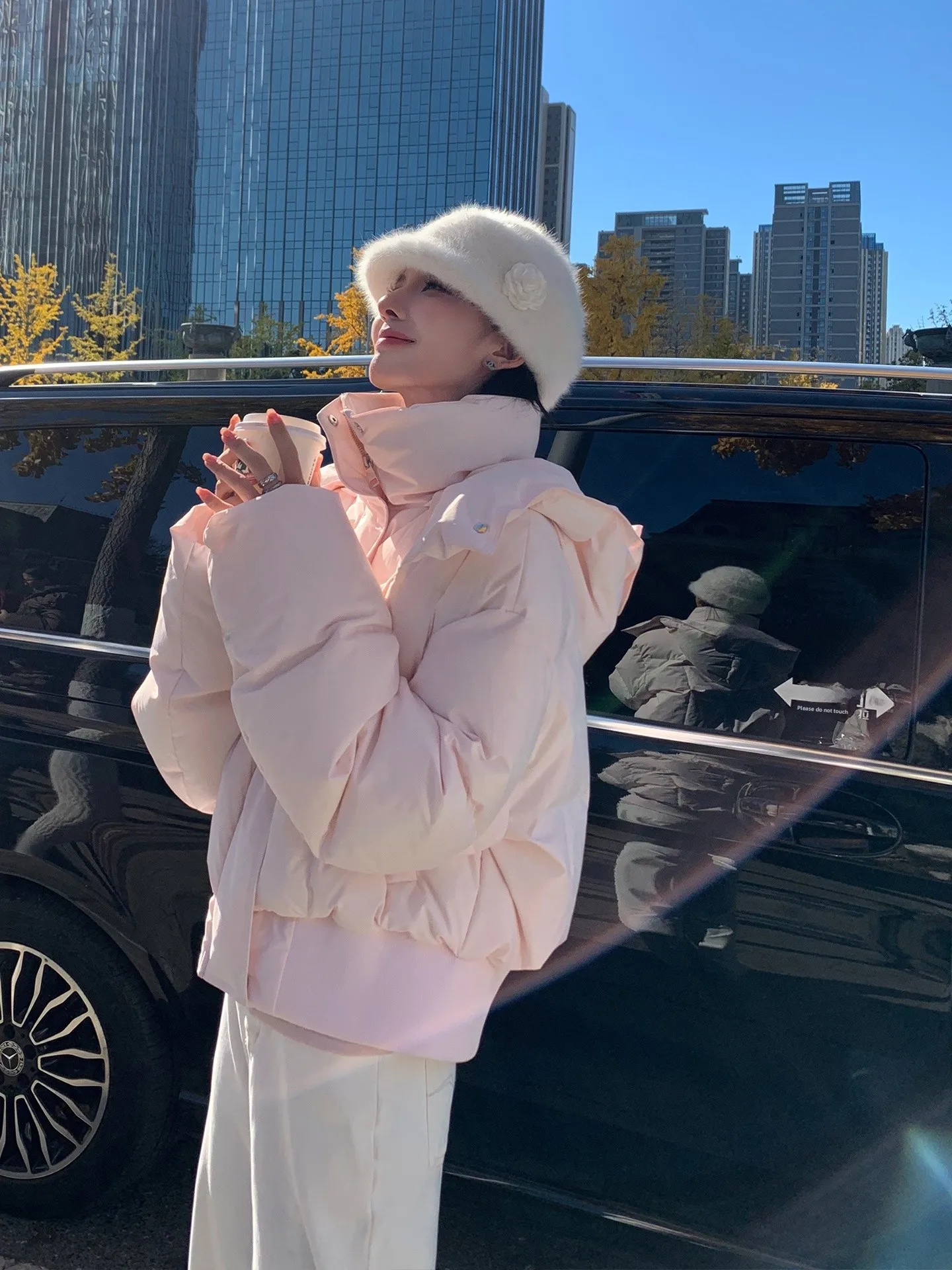 

Jiang Wen Women's ort Puffer Jaet 90 White Du down Warm Coat Detachable Hood Stand Collar Pastel Pink Sli Casual