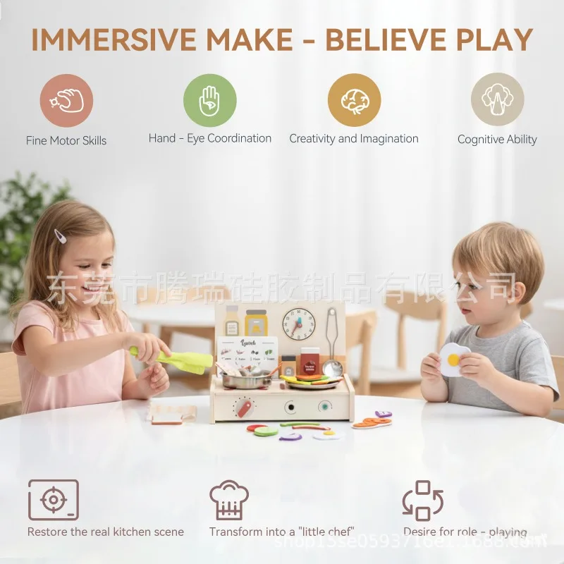 Wooden Kids Pretend Play Kitchen Set with Realistic Cooking Accessories for Toddlers Imagination Development