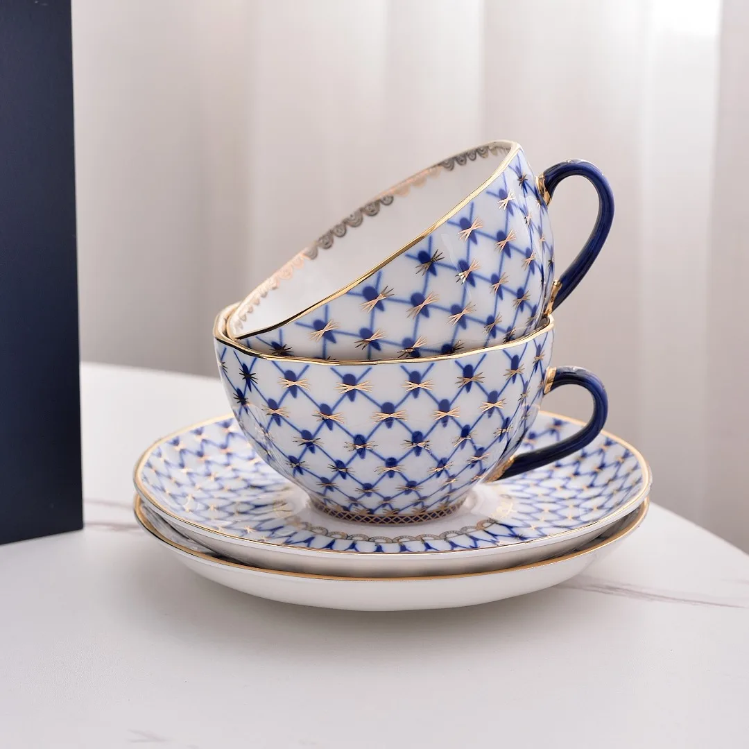 Delicate Imperial Ceramic Tea Cup with Gold Rim High-value cobalt blue textured bone china afternoon tea cups