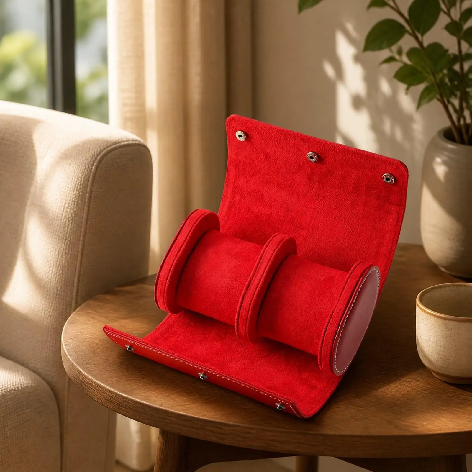 Lightweight Watch Case for Storage and Travel PU Leather Exterior Soft Lined Cylinder Cushion for One Timepiece