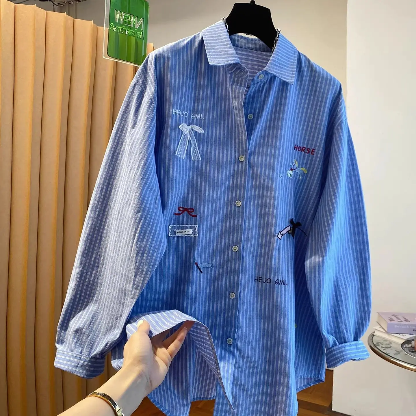 Korean Blue Embroidered Striped Shirt Female 2026New Spring Autumn Coat Ladies Loose Casual Joker Jacket Slim Lapel Women Blouse view 3