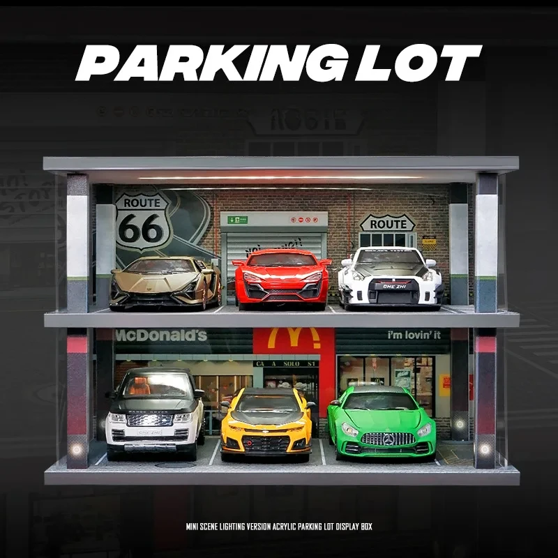 1:24 Scale Car Model Display Cabinet With LED Lighting Underground Parking Scene Dustproof Storage Collectors