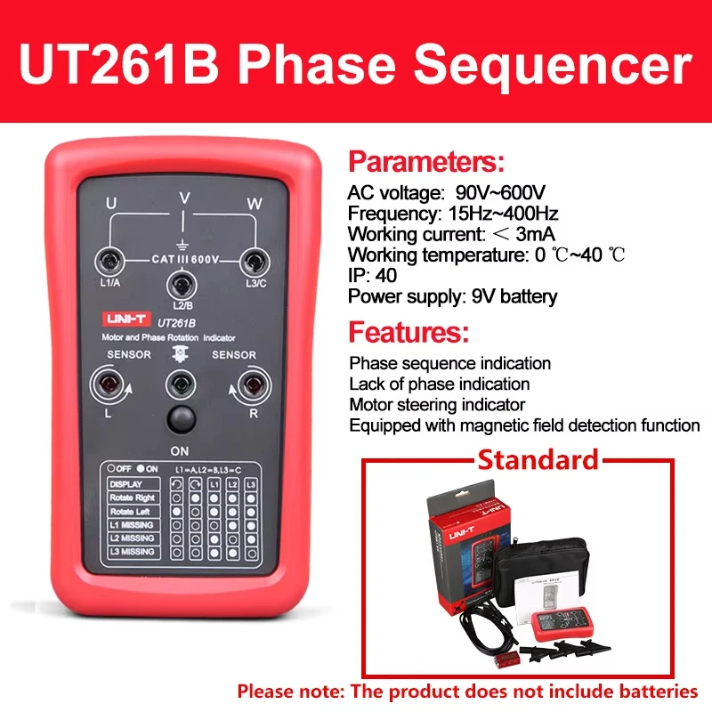 UNI-T UT261A UT261B 3 Phase Sequence Meter Phase Missing Motor Rotation Indicator AC Voltage Frequency Phase Sequence Detector
