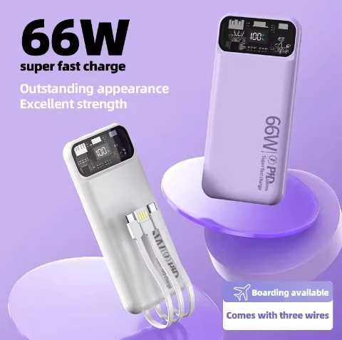 66W Super Fast Charging Power Bank with 20000mAh Built-in Cable and Large Capacity Bidirectional Fast Charging