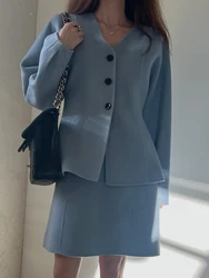 Fashion Autumn Winter Two Pieces Sets V Neck Single-Breasted Jacket Suit for Women Elegant Thickened Warm Female Clothing