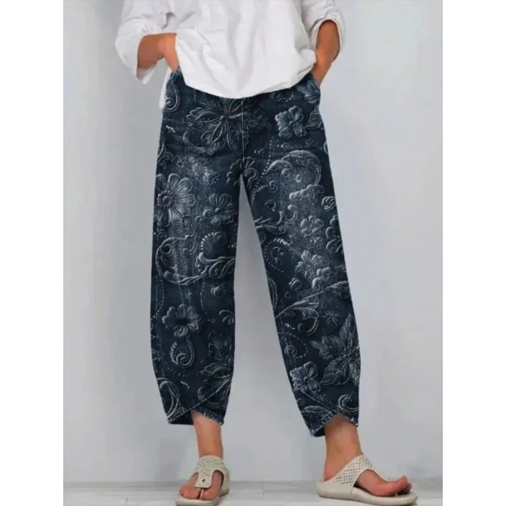 Damen Baumwoll-Caprihose mit Blumenmuster, Lässige Weite Haremshose in Knöchellänge mit Tulpenabschluss, Jogginghose für Tägliche Outdoor-Aktivitäten – Detail 4