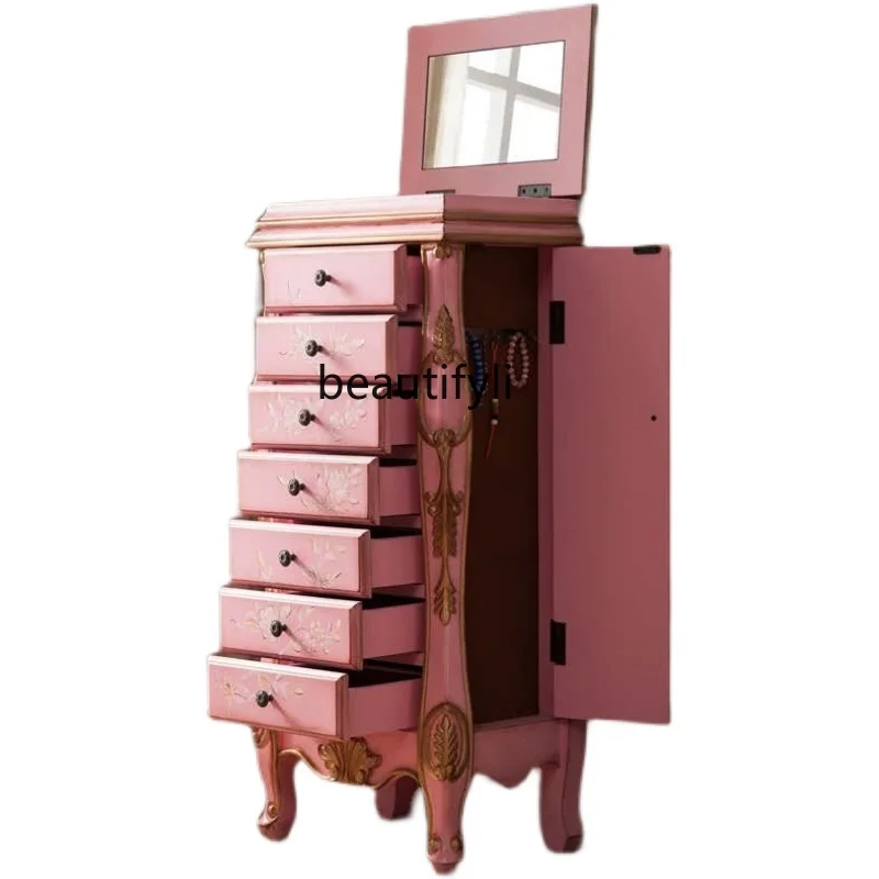 

American-Style Solid Wood Painted 7-Drawer Cabinet Mediterranean with Mirror Jewelry Cabinet Home Storage Vintage Locker