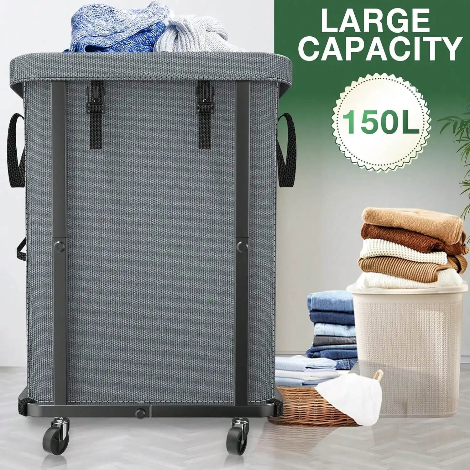 40 Gal(150L) High Grade Lar Laundry Basket With Wheels, Rolling Laundry Hper, Laundry Cart With Metal Fre And Removable Bag Design, Suitable For Laundry Room, Bedroom Variant 1