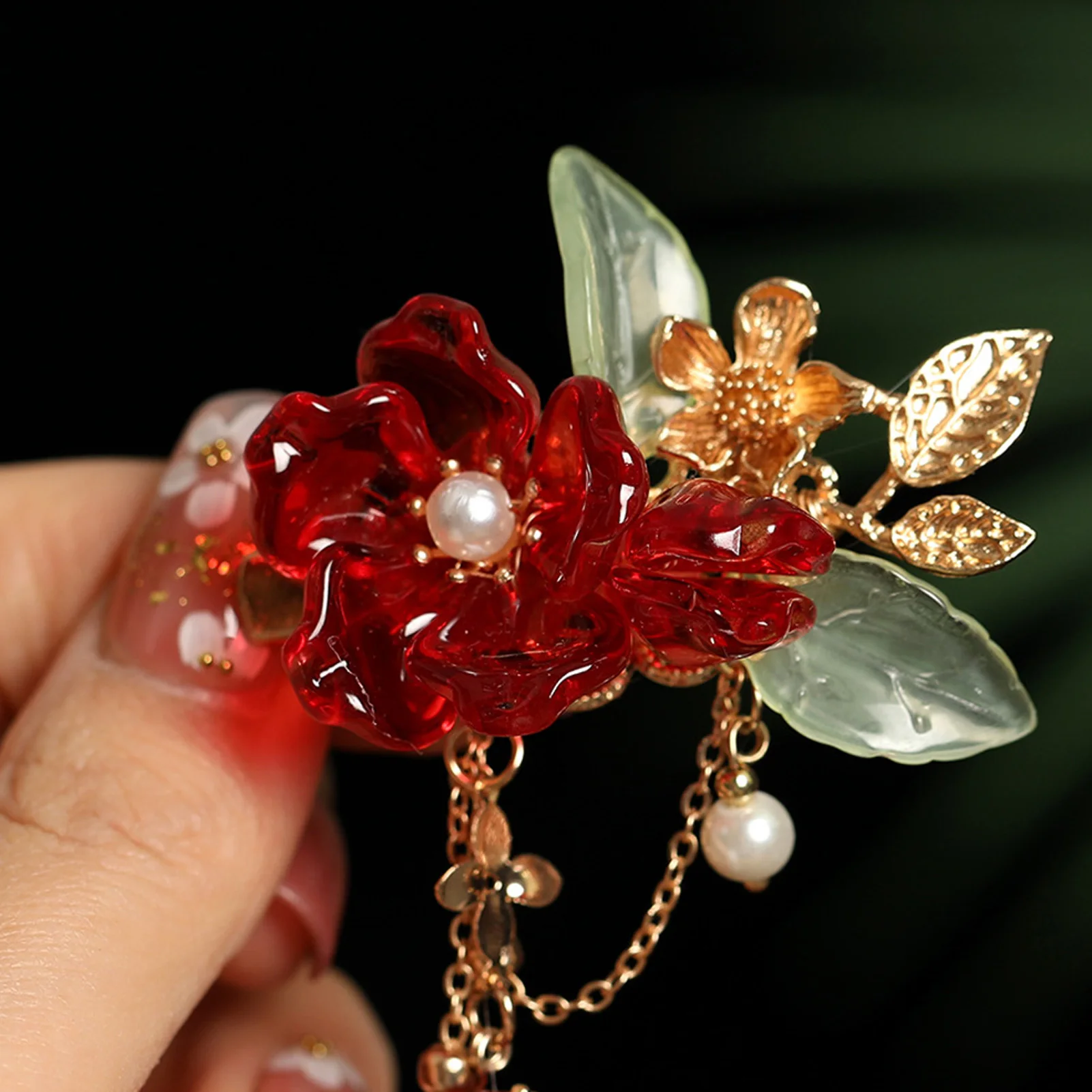 

1 Pair Red Flower Hairpin Chinese Hanfu Hair Clips For Women Pearl Tassel Barrettes Vintage Wedding Hair Jewelry New Year Gifts