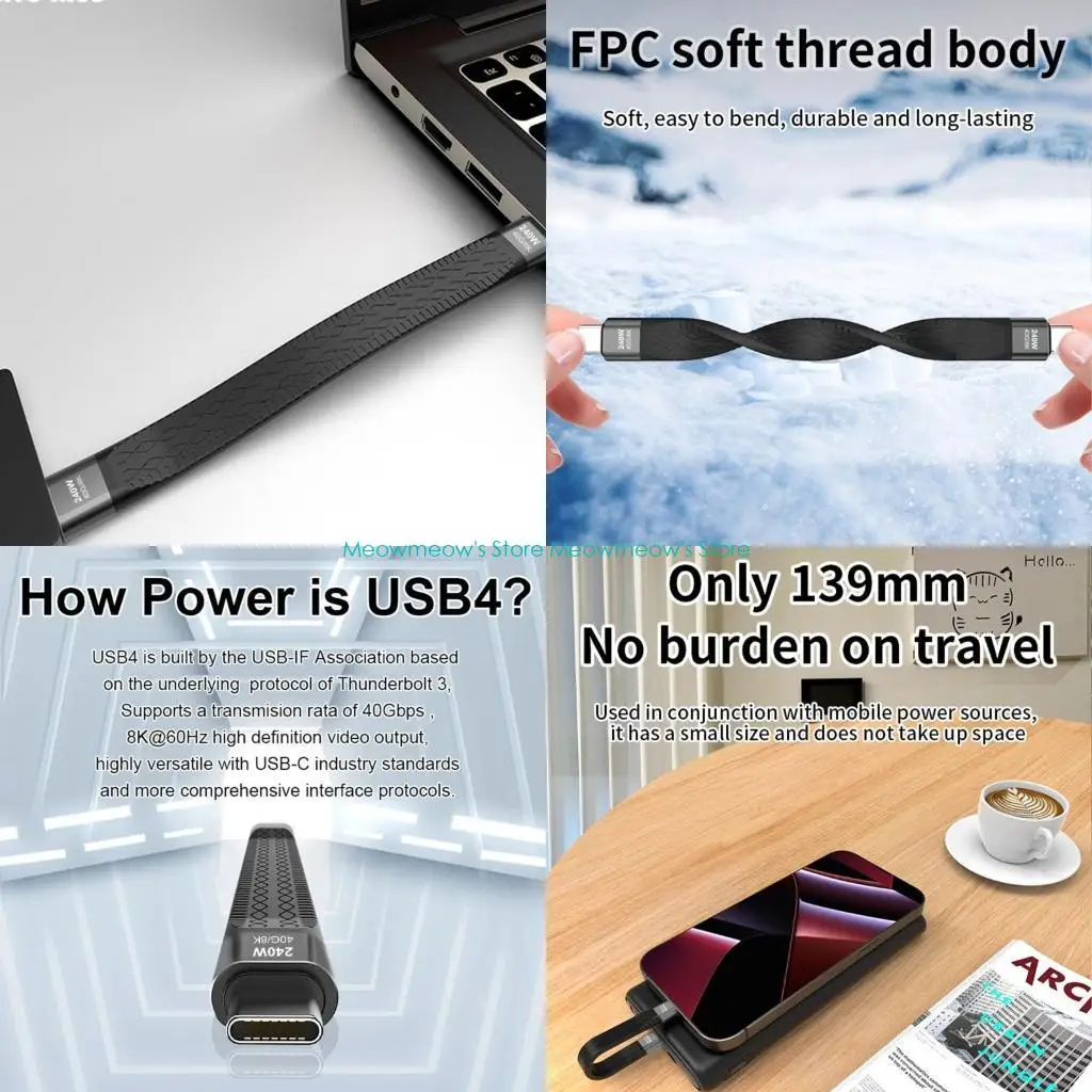 كابل W91A USB Type C مع توصيل الطاقة 240W وبيانات سريع 40 جيجابت في الثانية ونقل الفيديو 8K 60Hz