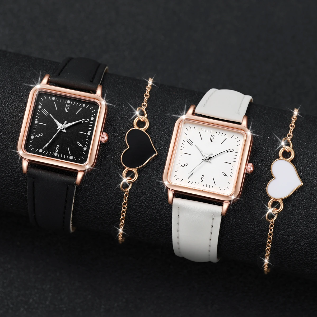 4PCS/Set Women‘s Square Quartz Watch Fashion Arabic Dial Leather Band Watches Heart Bracelets Set（Without Box）