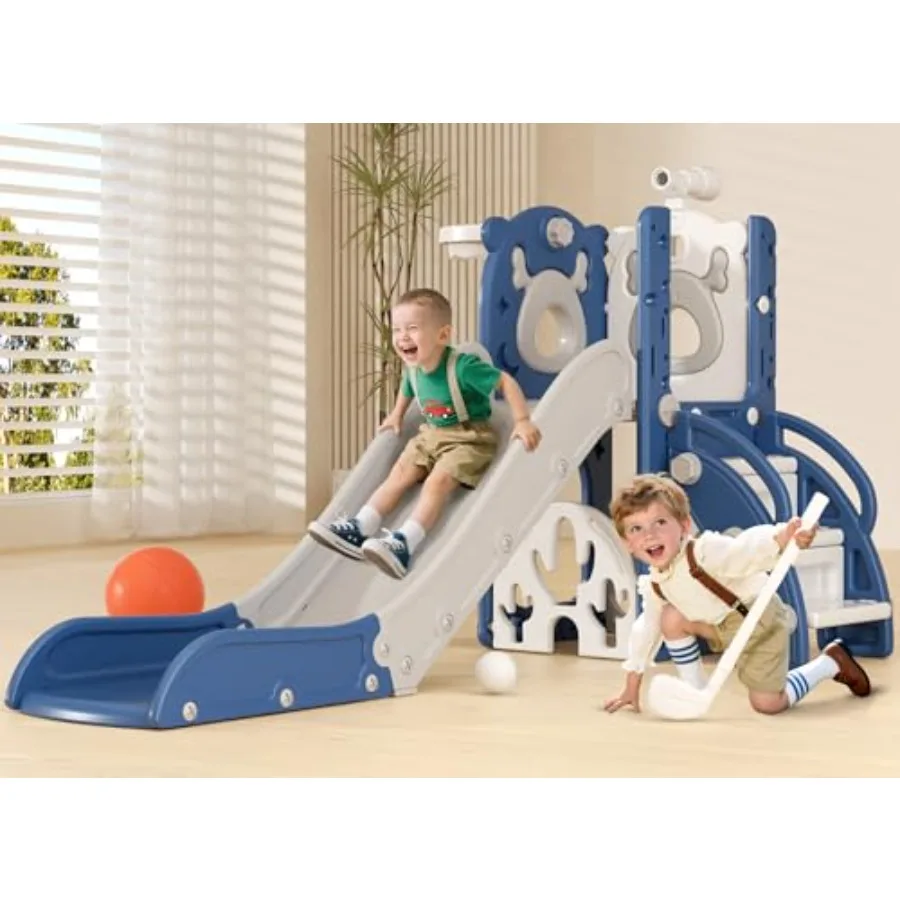 

7 in 1 Toddler Slide for 12 to 36 Months Indoor Outdoor Playset with Golf and Basketball Hoop Blue Grey New Upgrade Christmas B