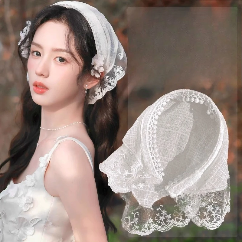 White Lace Triangle Turban Headband 2 in 1 Headwrap 1Pc Breathable Soft Non Slip for Beach Vacation Photography Daily Hair Scarf