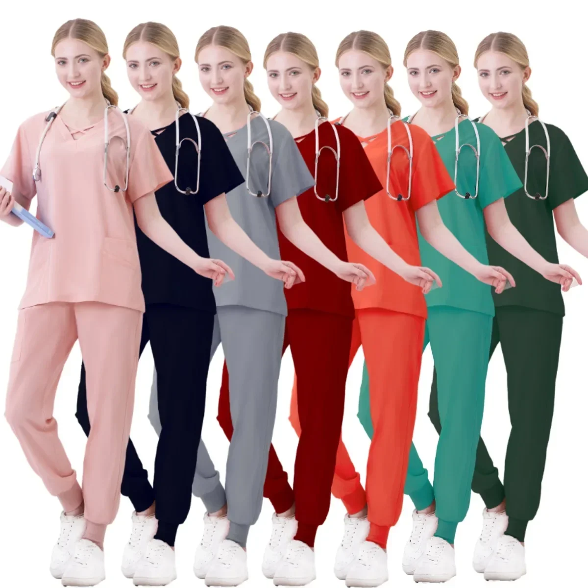 

Hospital Doctor Nursing Uniform Women Wholesale Casual Short Sleeved V-neck Jogger Suits Nurse Phary Working Medical Uniforms