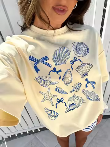 Ropa de calle con cuello redondo para mujer, top de media manga con patrón de lazo de concha de animal marino retro americano, ropa estética de verano