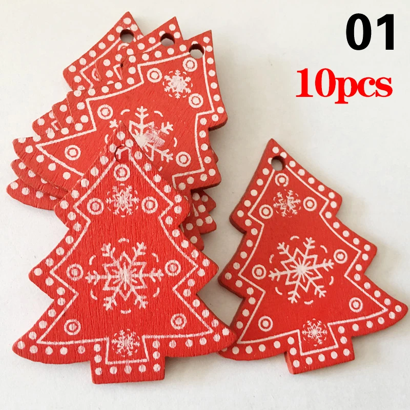 10PCS/Set Wooden Snowflake Slice Chirstmas Tree Hanging Ornament DIY Pendants Christmas Decorations Elk Heart Shaped Party Decor