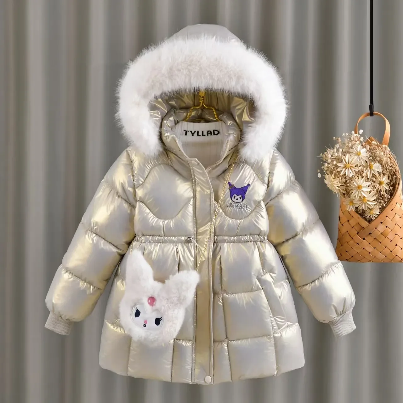 Sanrio Kuromi Girls down Jacket 2024 Winter 4-8 Years Kids Plus Velvet Warm Windbreaker Coats Children\'s Hooded Parkas Outerwear