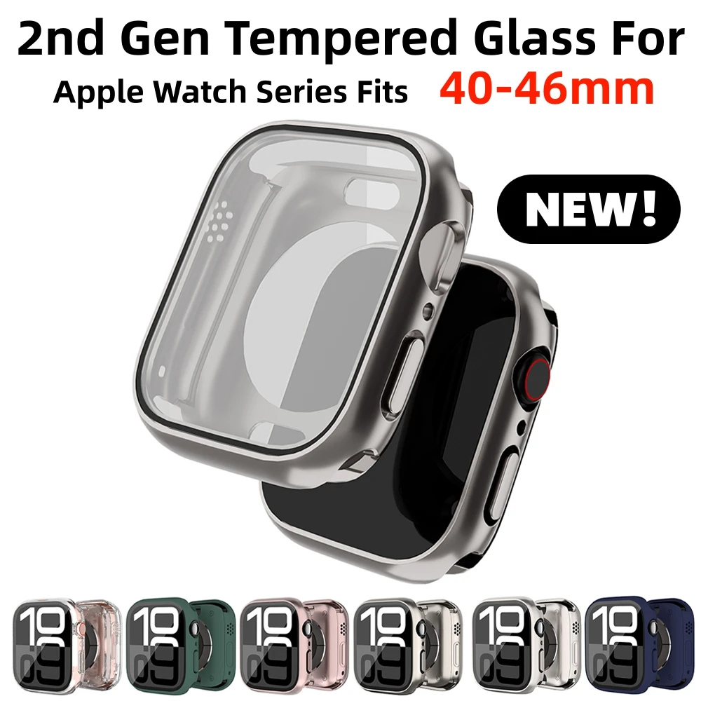 

2nd Gen Tempered Glass ForApple Watch Series Fits 40 41 42 45 46mm Hard PC Bumper Cover shell for iwatch series 10 9 8 7 6 54 se