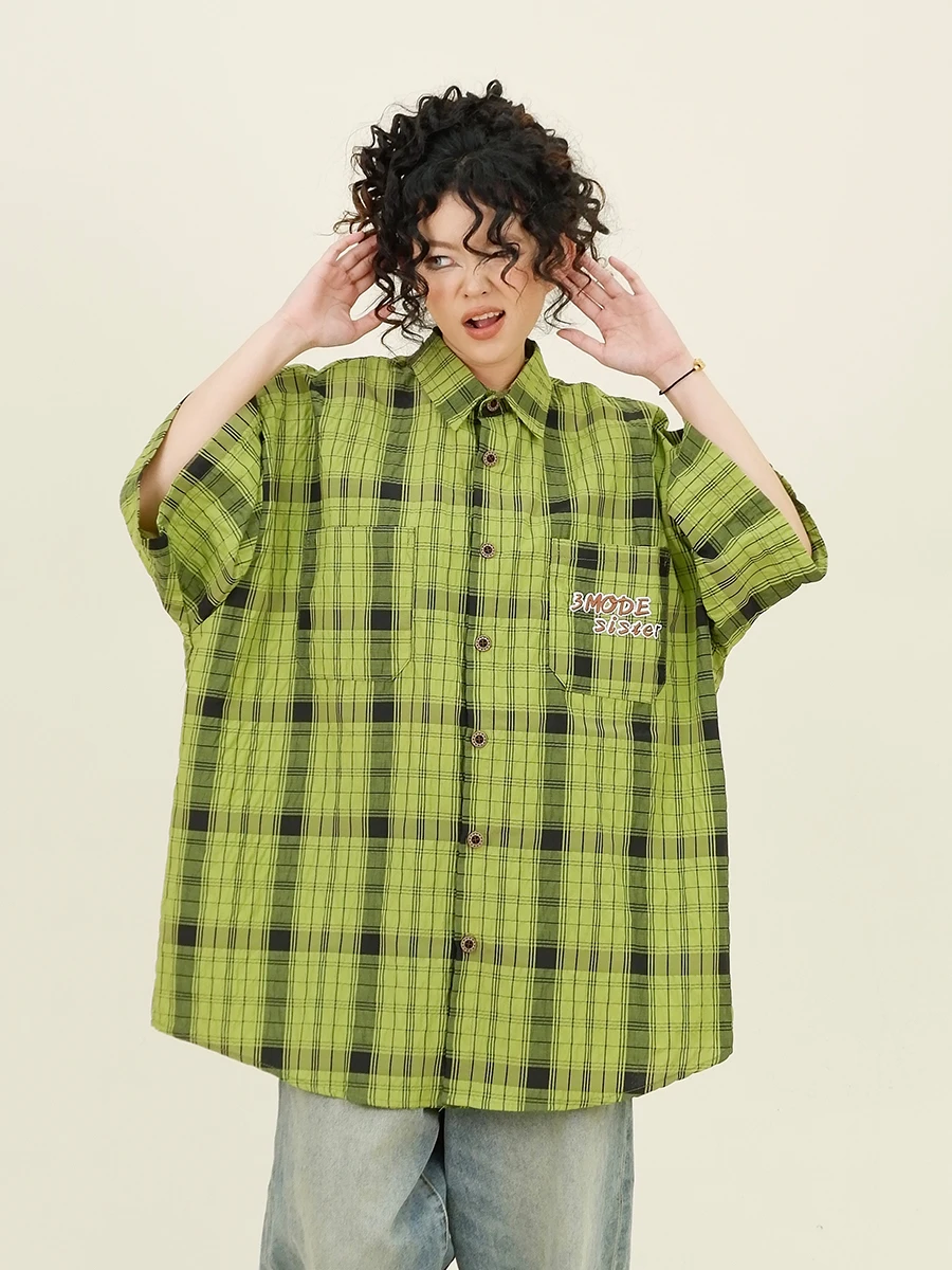 Pleated Plaid Short-sleeved Shirts 2024 Summer New Loose Bf Japanese Retro Couple Top Women