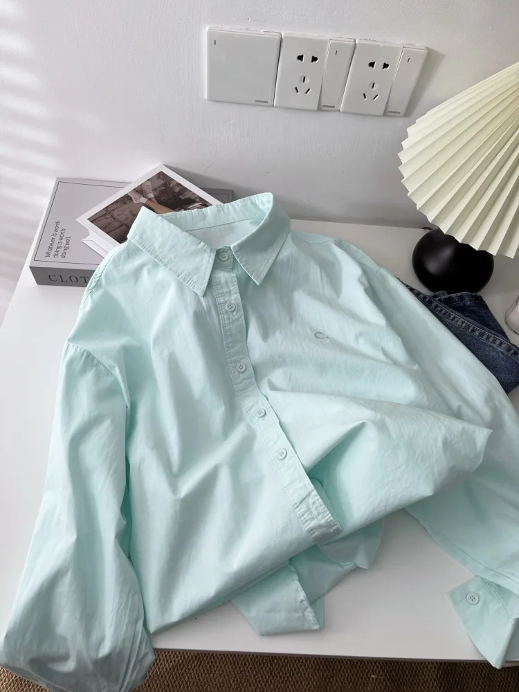 Lazy style shirt women's 2025 new letter embroidered POLO collar Korean version loose shirt with knitted shawl