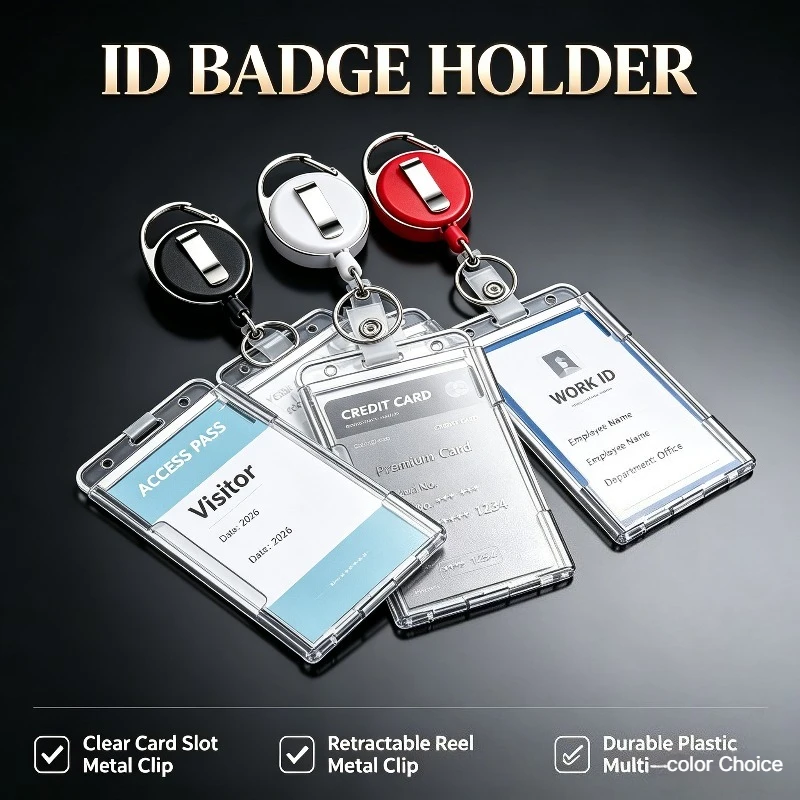 Clear Badge Holder Vertical Dual Card Organizer ID Pass Holder Cover with Thumb Slot Working Permit Case Retractable Badge Reel