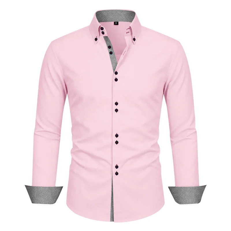 Men's Business Casual Contrast Color Breathable Double-Buckled All-Season Stretch Wrinkle-Free Long-Sleeve Button-Down Shirt