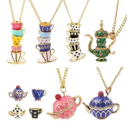 Enamel Jewelry Coffee Cup pendant Teapot Locket Hand Made Sweater Chain Long Necklace Earrings Tea Cup Necklace Teapot Necklace