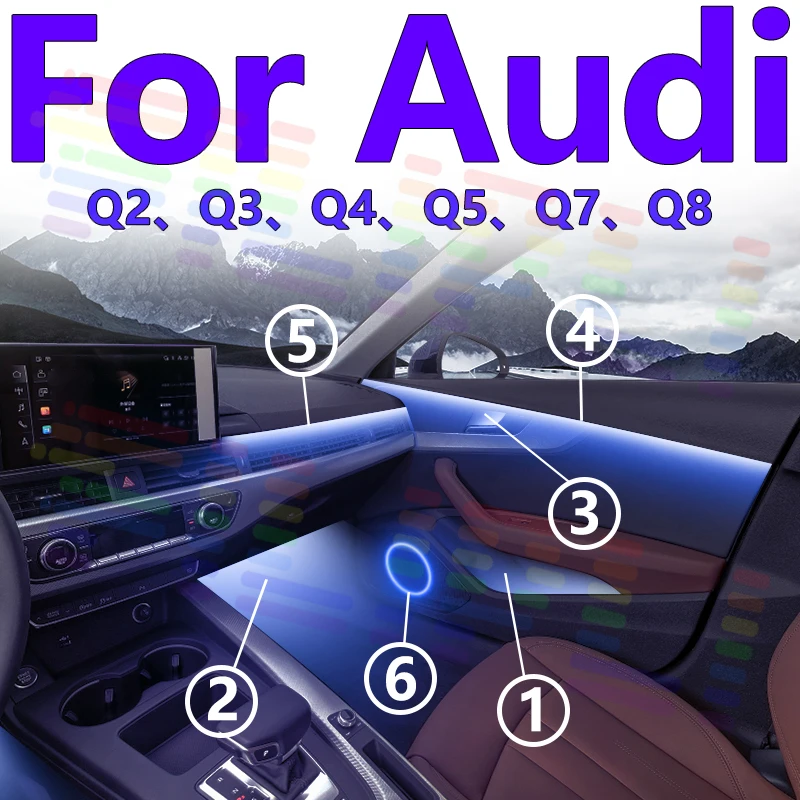 

The interior ambient lighting designed For Audi Q2 Q3 Q4 Q5 Q7 Q8 owners focuses on enhancing the driving experience APP 12V