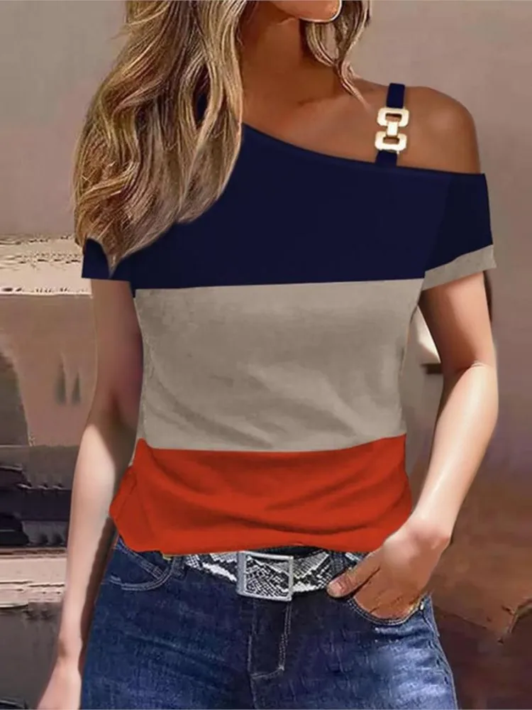 Fashion Off Shoulder Short Sleeve Blouse For Women Metal Sheet Diagonal Shirt Causal Loose Elegant Office Blouses And Shirts