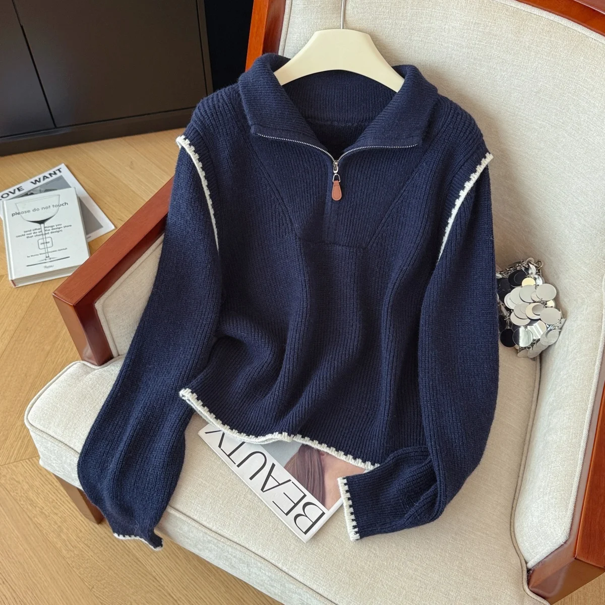 

Женский темно-синий вязаный пуловер, свитер 2000-х годов, винтажный джемпер в корейском стиле, вязаный кашемировый свитер с длинными рукавами и воротником-поло, осень-зима