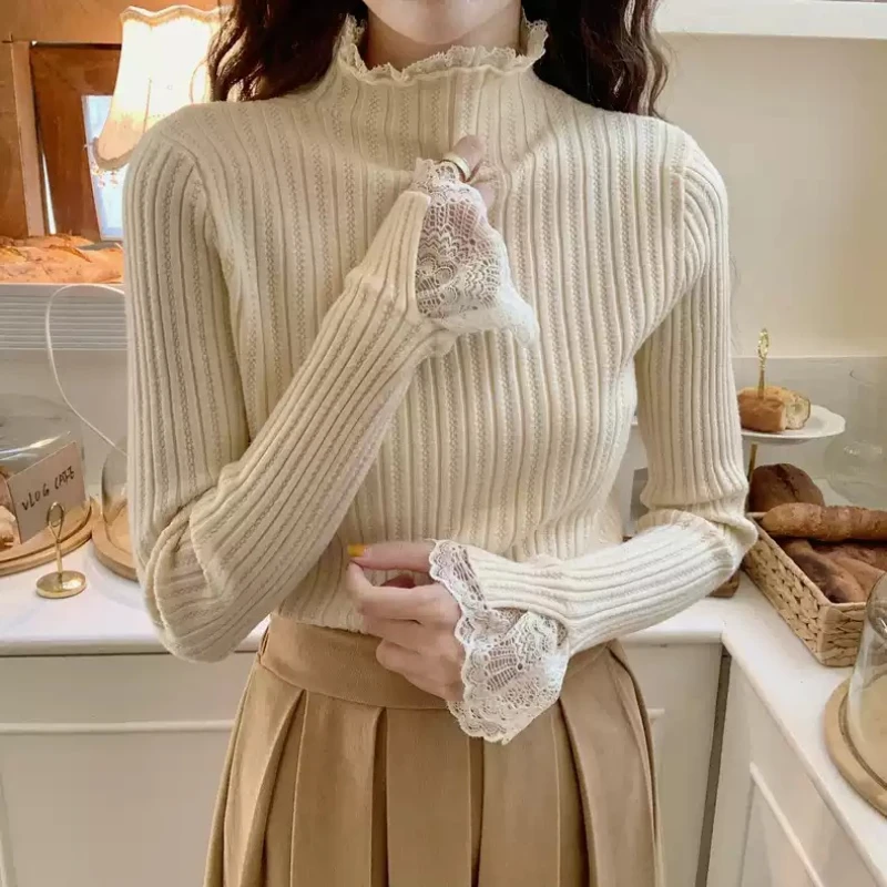 

Turtleneck Long Sleeve Slim Casual Pullovers Women Lace Solid Basic Knitted Tops Korean Fashion Chic Autumn Winter Warm Sweater