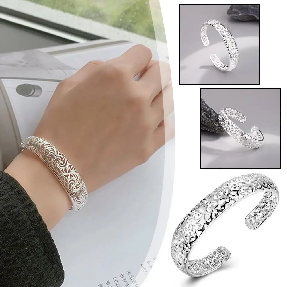 New National Wind Pattern Female Bracelets Silver Plated Opening Hollow Flower Bangles Style European Jewelry