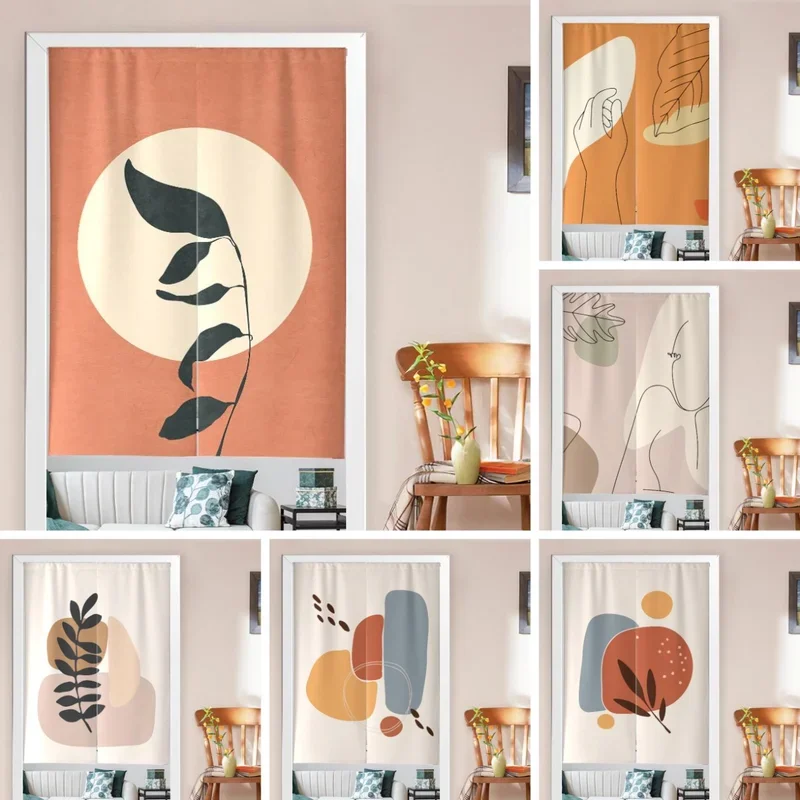 VIKAMA Nordic Style Door Curtain Morandi Abstract Plant Line Print Half Curtain Room Divider Kitchen Bedroom Bathroom Living