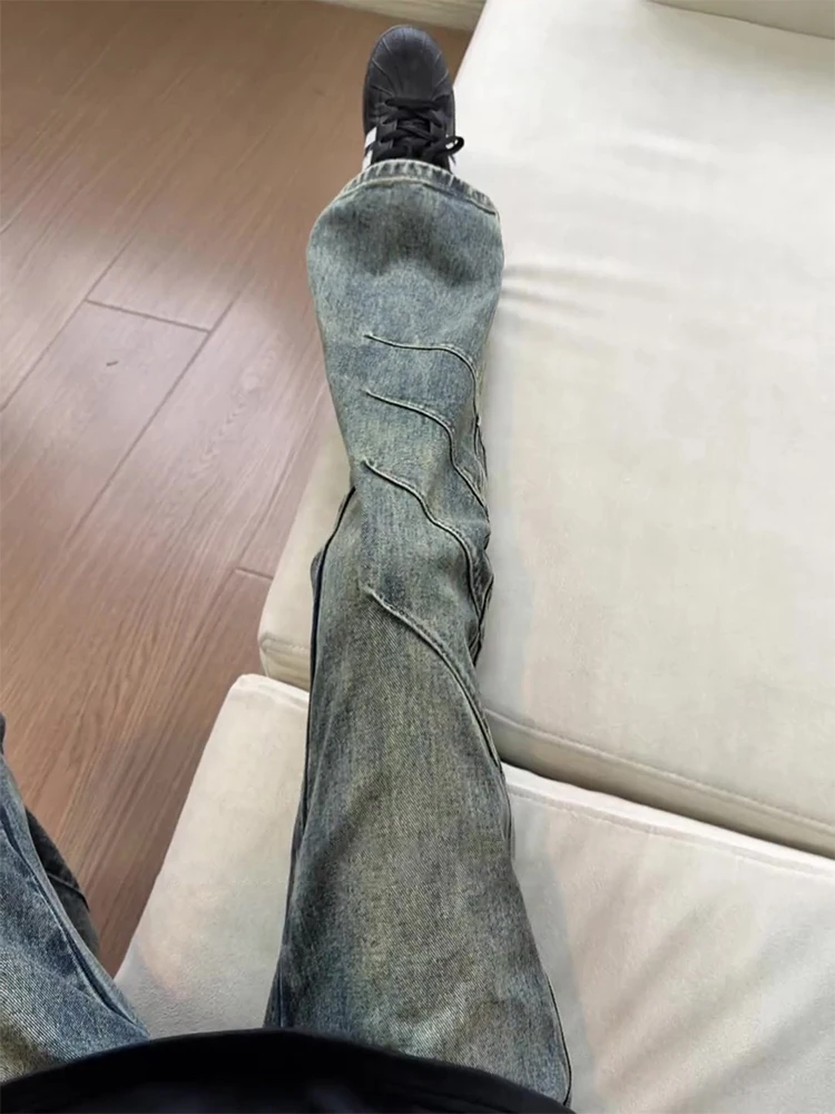 

Retro Blue Flared Jeans Men's Winter Design Folded High Street Straight Workwear Pants Casual mid Waist Zipper Jeans